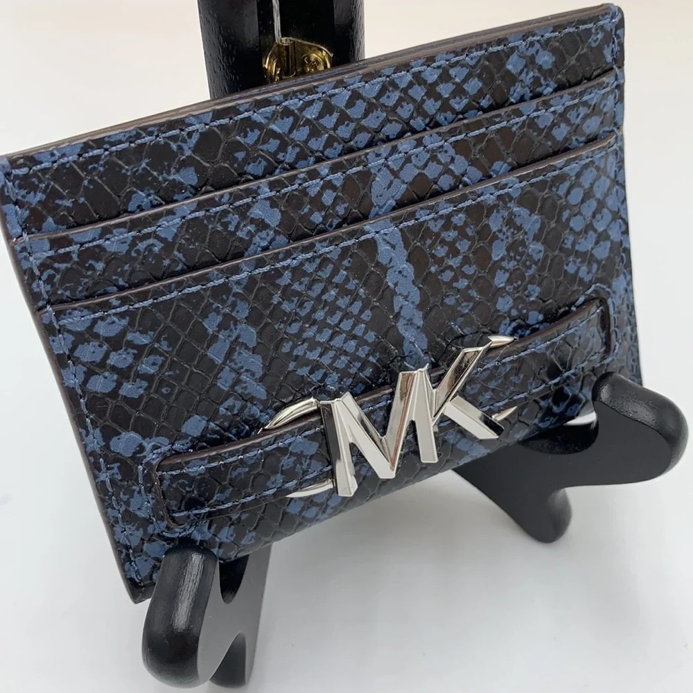 MICHAEL KORS Reed Large Snakeskin Python Patter Card Holder Case Denim NWT